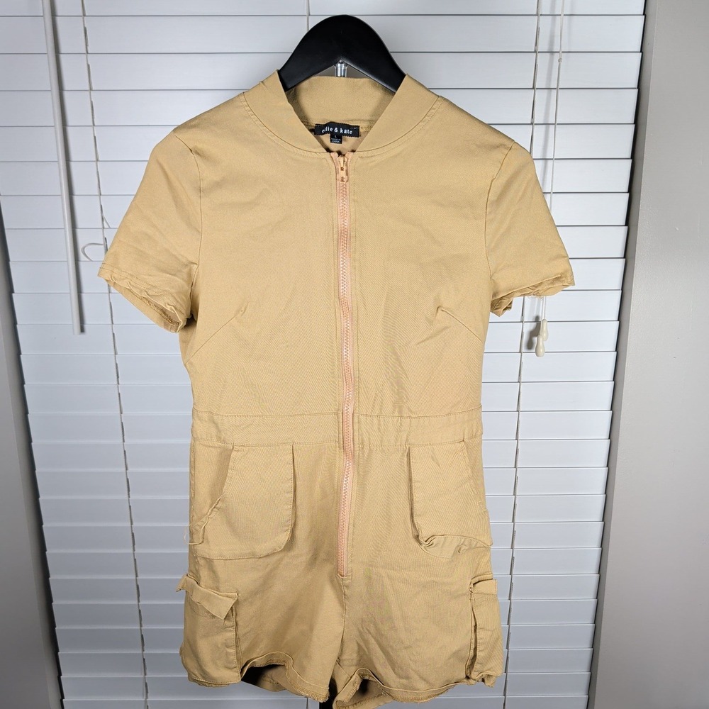 Ellie & Kate Romper Women L Tan Cargo Utility Short Sleeve Zip Up Excellent